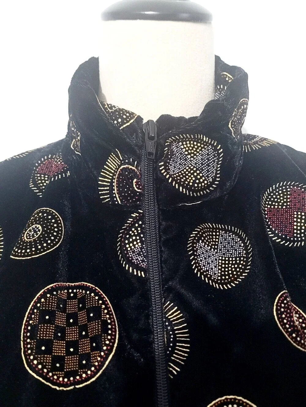 Velvet Bomber Jacket Women’s Small Black Geometric Print Vintage 90s Zip Up